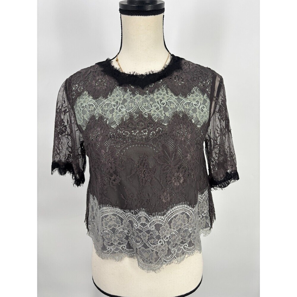 Vintage Style Black Gray Lace Crop Top Blouse Short Sleeve Back Zip Sheer Size 0